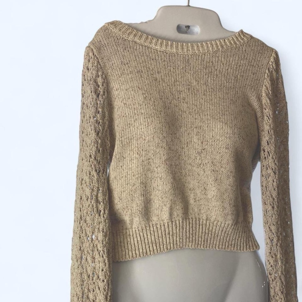Steve Madden Tan Crew Neck Sweater with Cable Knit Sleeves S Excellent Cond!